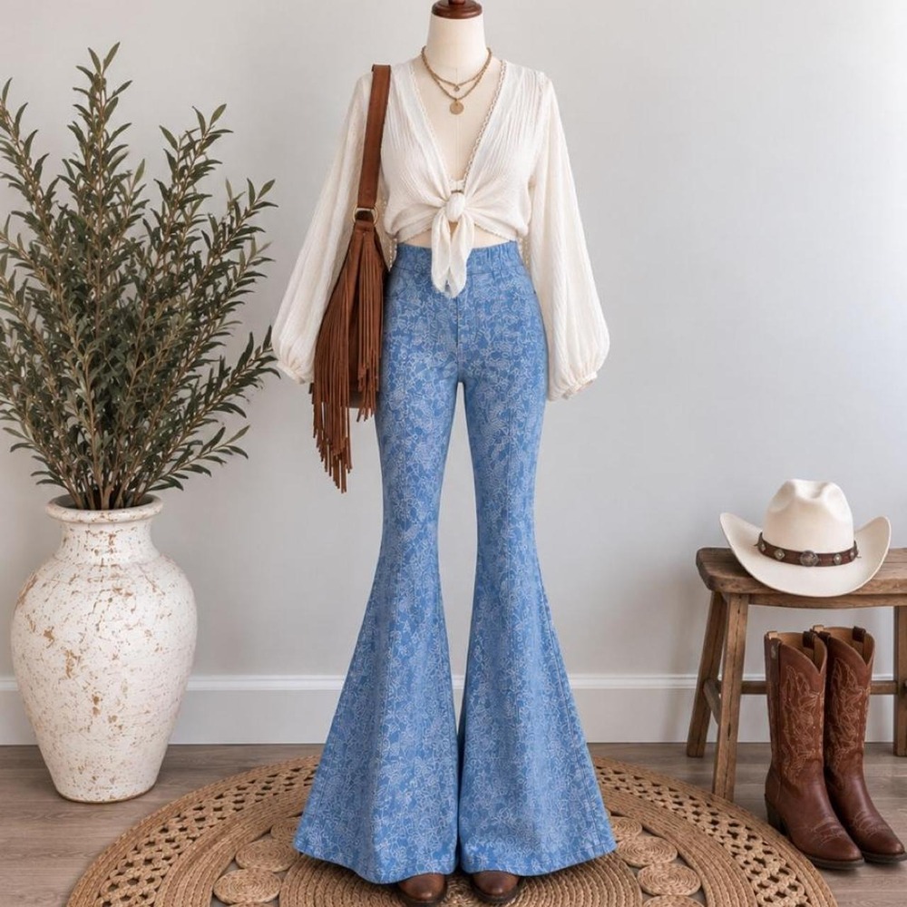 MuMu Blue Paisley Berkeley Bell Bottoms – Size Medium